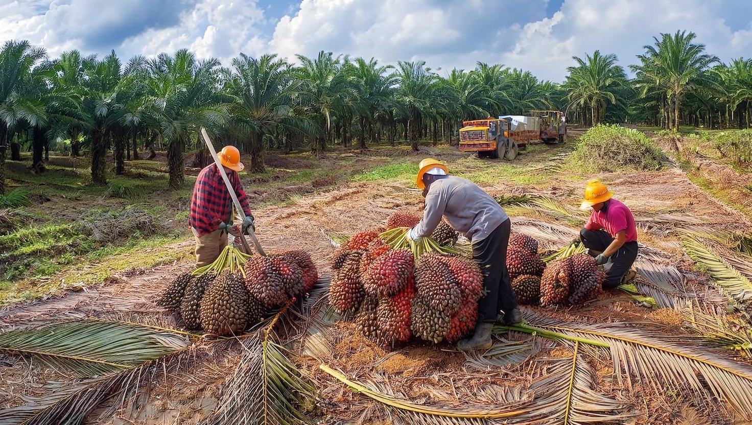 People walking through palm plantation